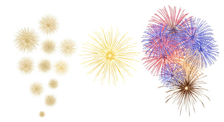Fototapeta premium Collection of golden and colorful fireworks exploding in the night sky, isolated on transparent background