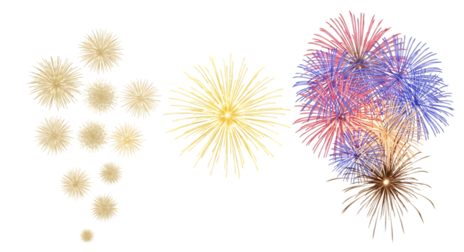 Collection of golden and colorful fireworks exploding in the night sky, isolated on transparent background