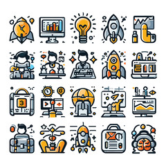 Creative workspace with illustrations of innovation themes