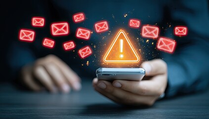 A hand holds a smartphone, email icons swirling around a warning triangle with an exclamation point, signifying email spam or phishing