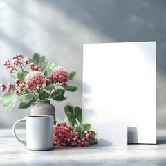 A muted gray room setting displays a blank sheet of white paper, a coffee mug, and a vibrant bouquet of pink flowers in a gray vase, creating a calm and inviting atmosphere.