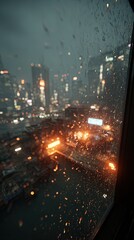 Obraz premium Dramatic Cityscape At Night Through Rainy Window