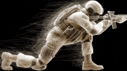 Digital artistic rendering of a soldier aiming a rifle on a black background