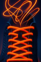 Glowing orange shoelaces on black sneaker with light trails