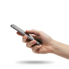 Fototapeta premium Detailed shot of an individual's hand holding a sleek mobile phone, representing technology and connection, beautifully isolated on a pristine white background for various uses