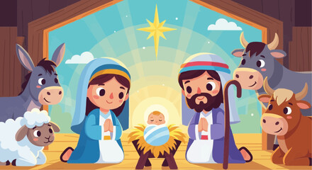 Christmas icon vector cartoon nativity scene illustration with mary joseph baby jesus and animals christmas holiday vector graphic