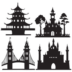 Fototapeta premium Vector silhouette of a historic European castle cityscape with towers and monuments