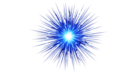 A bright blue starburst explosion with sharp, thin rays radiating outwards from a glowing center, isolated on a transparent background, representing energy, power, and a cosmic event