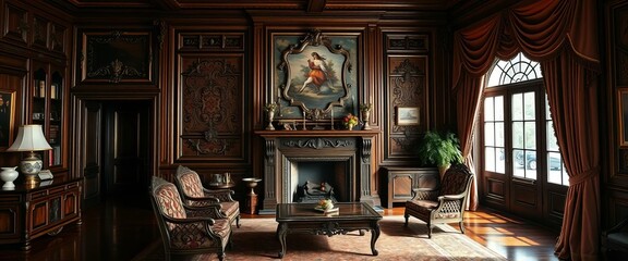 Fototapeta premium Antique wooden furniture, ornate fireplace, plush velvet drapes, lamp, shadows