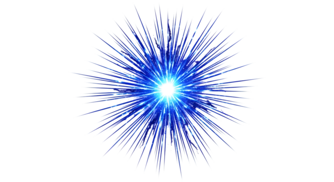 A bright blue starburst explosion with sharp, thin rays radiating outwards from a glowing center, isolated on a transparent background, representing energy, power, and a cosmic event