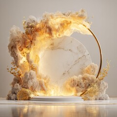 Elegant, golden, ethereal display podium with swirling clouds and marble backdrop.