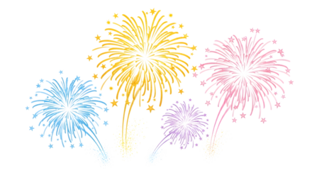 A vibrant display of colorful fireworks exploding in the night sky, isolated on a transparent background, creating a festive and celebratory atmosphere for holidays and special events