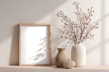 Neutral-toned still life with a blank frame and flowers