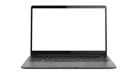 A modern, sleek laptop with a blank white screen, isolated on a transparent background, showcasing its keyboard and design