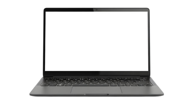 A modern, sleek laptop with a blank white screen, isolated on a transparent background, showcasing its keyboard and design