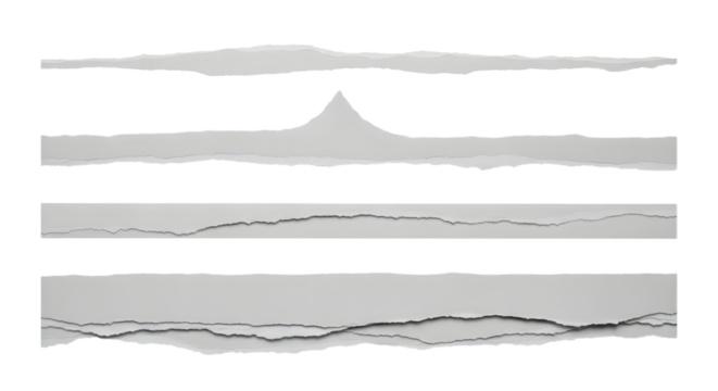 Collection of torn paper strips with rough edges, isolated on a transparent background, showcasing different textures and patterns of ripped paper for graphic design elements and creative projects