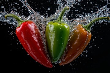 Fresh Three Chili Splashing Underwater on Black Background