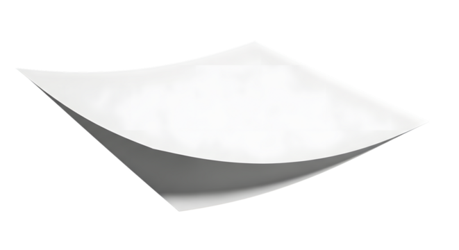 A single white sheet of paper is bent and curved, isolated on a transparent background, creating a dynamic and abstract shape with a subtle shadow underneath, suggesting movement or a gentle breeze