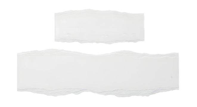 Two torn pieces of white paper isolated on transparent background, showing rough, uneven edges from being ripped, suggesting a raw or unfinished texture