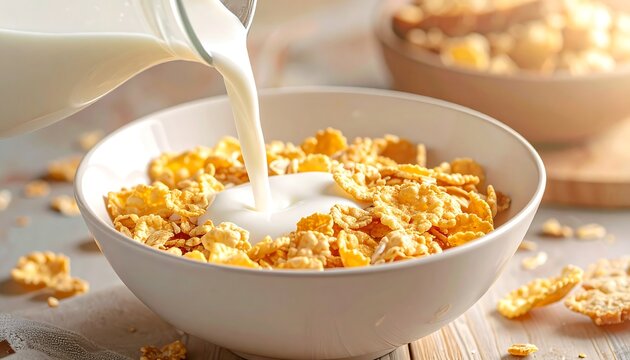 A close-up shot of a bowl of cereal with milk being poured, with a blurred bowl in the background, lit by sunlight - Powered by Adobe