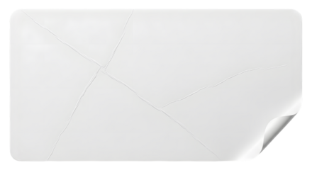 Blank white rectangular sticker with rounded corners and a slight curl on the bottom right, isolated on transparent background