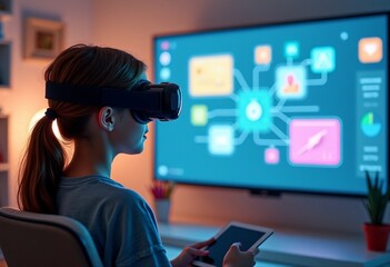 Naklejka premium Young girl with virtual reality headset interacting with digital data and graphs on the TV screen at home. Modern technology and digital education concept