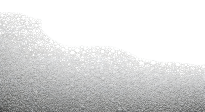 Closeup abstract macro shot of many small, delicate, transparent bubbles forming a textured surface, isolated on transparent background, representing freshness, cleanliness, and effervescence