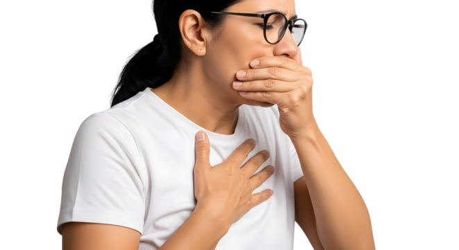 A woman wearing glasses and a white tshirt, covering her mouth with her hand and holding her chest, appearing to cough or feel unwell, isolated on transparent background