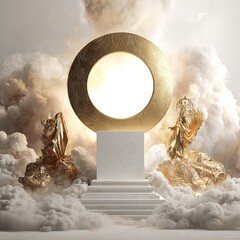 Luxurious white marble pedestal with gold accents, surrounded by clouds, bathed in ethereal light.