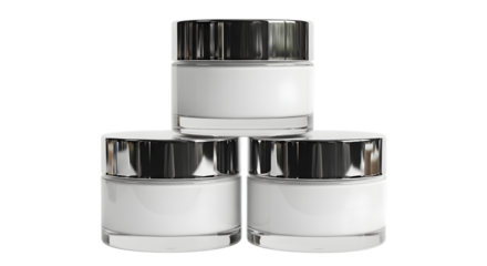 Three empty white cosmetic cream jars with silver and black lids, isolated on transparent background, ready for product photography and branding