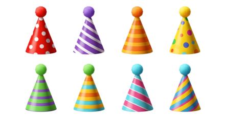 Collection of eight colorful party hats with different patterns, including polka dots, stripes, and zigzags, isolated on a transparent background, perfect for celebrations and birthdays