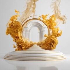 A grand, white archway, framed by swirling golden liquid, leads to an ethereal vista.