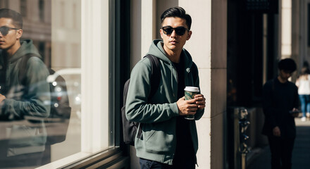 Young Asian man holding coffee cup while standing outdoors in sun