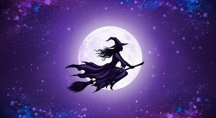 Naklejka premium Witch flying on broomstick against full moon and starry night background 