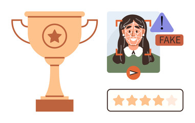 Trophy highlighting achievement, profile marked as fake by facial recognition tools, warning sign, play button, and star rating. Ideal for authentication, cybersecurity, AI, identity verification