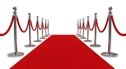 A long red carpet with stanchions and ropes leading into the distance, isolated on transparent background, symbolizing fame, success, and vip events