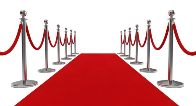 A long red carpet with stanchions and ropes leading into the distance, isolated on transparent background, symbolizing fame, success, and vip events - Powered by Adobe