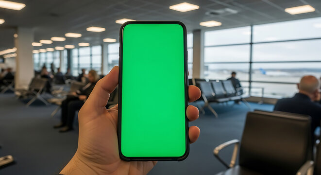 Man holding a smartphone with a blank green screen in a modern airport terminal lounge