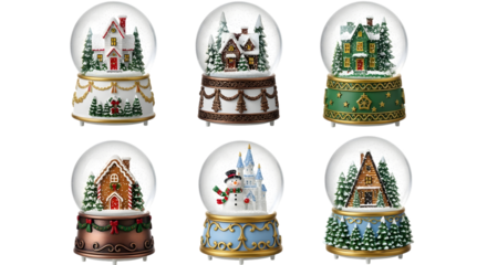 Collection of six festive christmas snow globes, each featuring a unique winter scene with houses, trees, and holiday decorations, isolated on transparent background