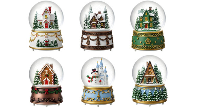 Collection of six festive christmas snow globes, each featuring a unique winter scene with houses, trees, and holiday decorations, isolated on transparent background