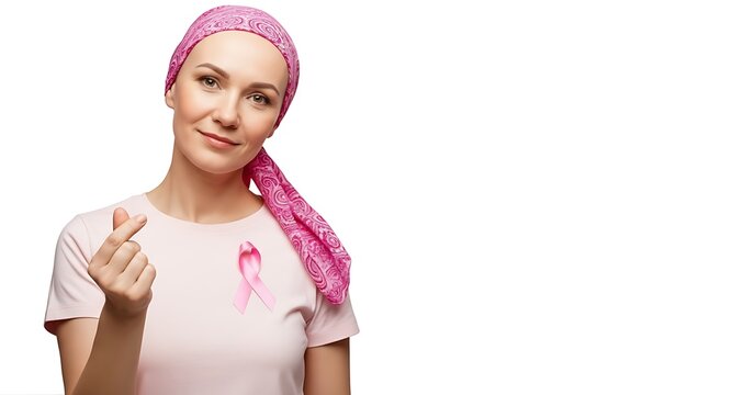 Young Woman Wearing Pink Head Scarf and T Shirt with Breast Cancer Awareness Ribbon Making a Heart Gesture Isolated on White Background. Pink October