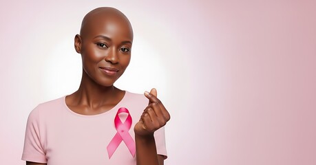 Bald Black Woman with Pink Breast Cancer Awareness Ribbon on Shirt Showing Finger Heart Symbol for Hope and Support. Pink October