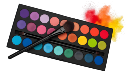 A vibrant eyeshadow palette with a variety of colorful shades, featuring two brushes and a colorful powder explosion on a transparent background