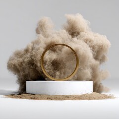 A minimalist podium with a golden ring, surrounded by a cloud of beige dust, creating a dramatic and artistic display.