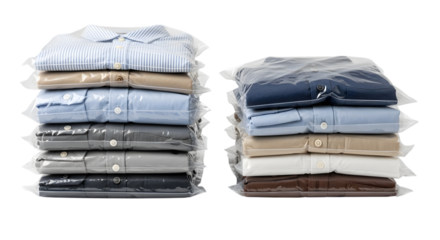 Stack of neatly folded and plasticwrapped mens dress shirts in various colors and patterns, isolated on a transparent background, showcasing organized clothing storage and retail presentation