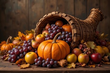 Harvest Cornucopia with Fruits and Pumpkin. Autumn season. 