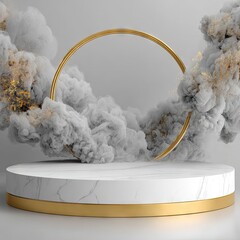 Elegant, round, white marble podium with a golden ring and surrounding grey smoke, creating a sophisticated, modern display.