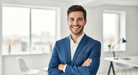 Fototapeta premium Confident young hispanic businessman with a friendly smile standing with arms crossed in a modern office