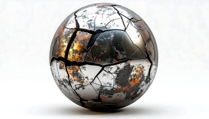 A cracked metallic sphere isolated on a white background, displaying rust-like textures. The sphere appears fragmented and weathered, with visible fracture lines