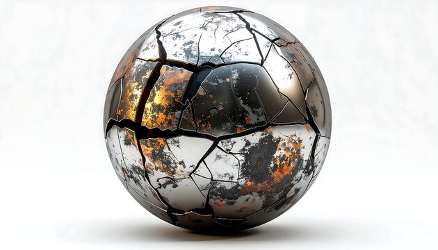 A cracked metallic sphere isolated on a white background, displaying rust-like textures. The sphere appears fragmented and weathered, with visible fracture lines